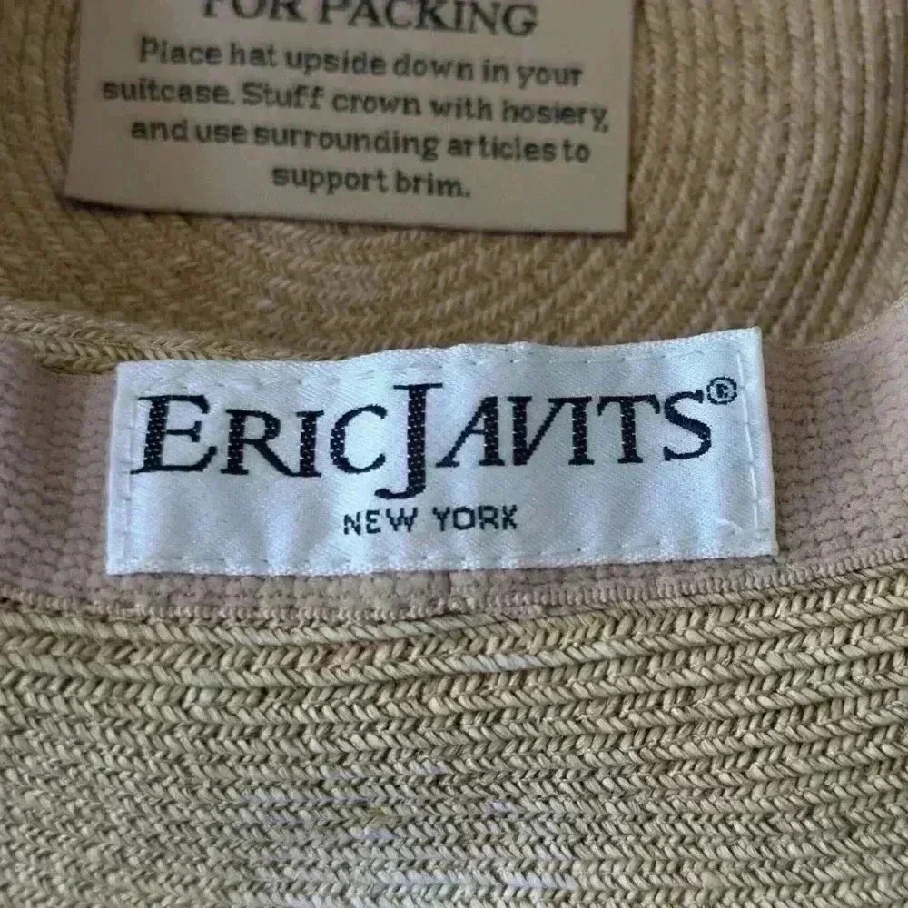 ERIC JAVITS Hampton Sun Hat Squishee Straw Packable Wide Brim Natural Gold Blue - Picture 7 of 12
